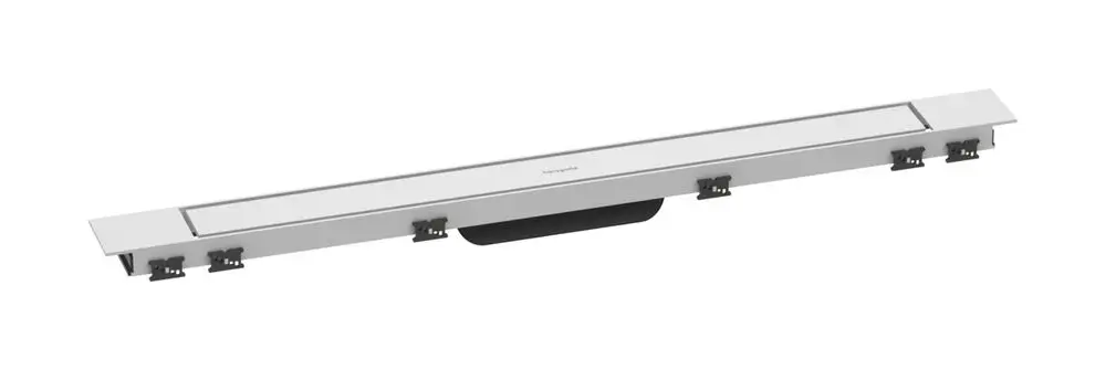Duschrinne in schmaler, rechteckiger Form mit höhenverstellbarem Rahmen. Oberfläche in Mattweiß. Produkt von Hansgrohe.